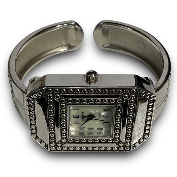 Geneva Y2K Vintage Silver Tone Square Face Bangle Cuff Bracelet Watch - Picture 2 of 12